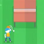 Postać w czapce rzuca piłkę do stołu z prostokątnym blatem na zielonym tle