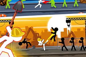 Postacie z kreskówek walczące na placu budowy przy zachodzącym słońcu