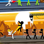 Postacie z kreskówek walczące na placu budowy przy zachodzącym słońcu