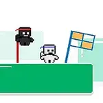 Czarne i białe postacie z opaskami stojące na zielonej platformie obok niebiesko-pomarańczowej flagi na białym tle