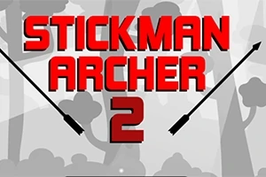 Czerwony napis Stickman Archer 2 na tle szarych drzew i dwóch strzał po bokach