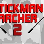 Czerwony napis Stickman Archer 2 na tle szarych drzew i dwóch strzał po bokach