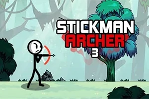 Czarny ludzik z łukiem celuje w lesie, obok kolorowe drzewo, a w tle widoczny jest napis Stickman Archer 3