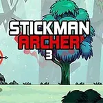 Czarny ludzik z łukiem celuje w lesie, obok kolorowe drzewo, a w tle widoczny jest napis Stickman Archer 3