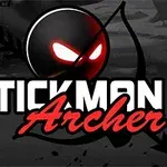 Czarna postać stickmana z łukiem i świecącymi oczami na tle z napisem