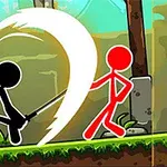 Czarny i czerwony ludzik walczący na tle zielonego lasu