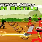 Czarny i czerwony ludziki walczą ze sobą na tle dżungli, otoczeni drutem kolczastym i wyposażeni w różne bronie