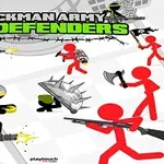 Czarne i czerwone postacie stickman z bronią, tarczami i toporami na tle mapy z napisem u góry