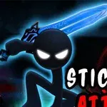 Czarna postać stickmana z jasnymi oczami i świecącym niebieskim mieczem na ciemnym tle z napisami Stickman Attack