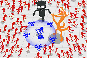 Czarna i pomarańczowa postać otaczająca niebieski krąg z wieloma czerwonymi figurkami i fidget spinnerami na białym tle