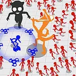 Czarna i pomarańczowa postać otaczająca niebieski krąg z wieloma czerwonymi figurkami i fidget spinnerami na białym tle