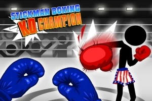 Czarny stickman w bokserskich szortach przyjmuje cios czerwoną rękawicą bokserską na ringu, w tle napisy „Stickman Boxing KO Champion”
