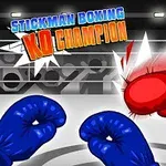 Czarny stickman w bokserskich szortach przyjmuje cios czerwoną rękawicą bokserską na ringu, w tle napisy „Stickman Boxing KO Champion”