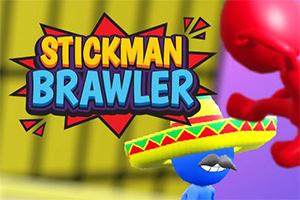 Napis Stickman Brawler na tle z żółtymi i fioletowymi elementami, z postacią w sombrero i z wąsami