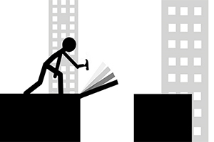 Czarna postać ludzika z młotkiem stoi na platformie z wychylającą się deską na tle stylizowanych budynków