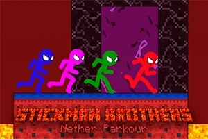 Czterech kolorowych ludzików biegnących w stylu retro na tle ciemnych pikselowych obrazów z napisem Stickman Brothers: Nether Parkour