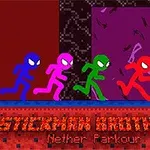 Czterech kolorowych ludzików biegnących w stylu retro na tle ciemnych pikselowych obrazów z napisem Stickman Brothers: Nether Parkour