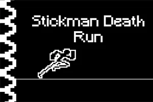 Czarne tło z białym napisem Stickman Death Run i pikselowym obrazem postaci z gałęzią