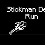 Czarne tło z białym napisem Stickman Death Run i pikselowym obrazem postaci z gałęzią