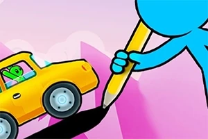 Niebieska postać rysuje ścieżkę dużym ołówkiem dla żółtego samochodu z zielonym kierowcą na różowym tle