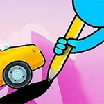 Niebieska postać rysuje ścieżkę dużym ołówkiem dla żółtego samochodu z zielonym kierowcą na różowym tle