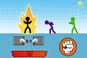 Czarny ludzik wykonujący kopnięcie na tle kolorowych paneli z pięścią i sercem