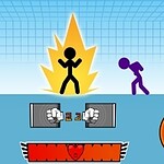 Czarny ludzik wykonujący kopnięcie na tle kolorowych paneli z pięścią i sercem