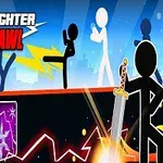 Czarne postacie patyczaków walczące na tle niebieskiego nieba, z widocznymi ikonami broni i efektami świetlnymi