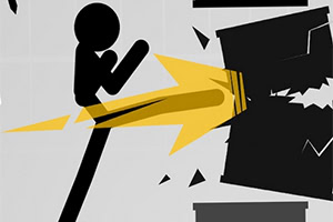 Czarna postać stickmana kopiąca żółtą energią rozbijany czarny obiekt