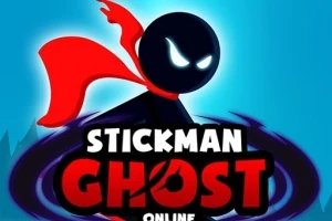 Czarna postać stickmana z czerwonym szalikiem i białymi oczami na niebieskim tle, z napisem Stickman Ghost Online poniżej