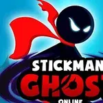 Czarna postać stickmana z czerwonym szalikiem i białymi oczami na niebieskim tle, z napisem Stickman Ghost Online poniżej