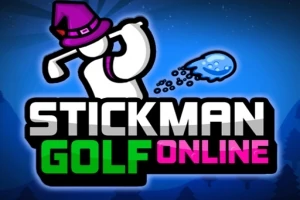 Postać patyczaka w kapeluszu zamachuje się kijem golfowym z napisem Stickman Golf Online w tle