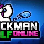 Postać patyczaka w kapeluszu zamachuje się kijem golfowym z napisem Stickman Golf Online w tle