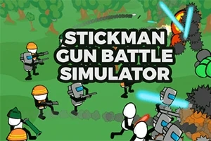 Rysunkowe postacie walczące z bronią na tle zielonego pola z napisem Stickman Gun Battle Simulator