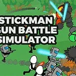 Rysunkowe postacie walczące z bronią na tle zielonego pola z napisem Stickman Gun Battle Simulator