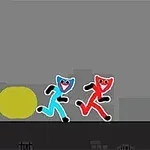 Postacie w stylu kreskówkowym, gdzie czarna postać z czapką policjanta i latarką goni niebieską i czerwoną postać z szerokimi uśmiechami na tle miasta