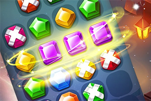 Kolorowe klejnoty ułożone w siatce, otoczone złotymi efektami świetlnymi