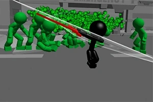 Czarna postać z mieczem walczy z grupą zielonych przeciwników na szarej ulicy