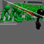 Czarna postać z mieczem walczy z grupą zielonych przeciwników na szarej ulicy