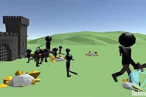 Czarne postacie w stylu low poly walczą obok zamku na zielonym polu