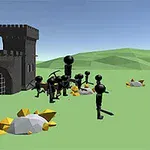 Czarne postacie w stylu low poly walczą obok zamku na zielonym polu