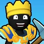 Czarna postać z szerokim uśmiechem nosząca złotą koronę i zbroję, trzymająca kilof na tle nieba