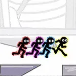 Cztery kreskówkowe postacie biegnące obok siebie, każda z obrysem w innym kolorze: czerwonym, fioletowym, niebieskim i żółtym, na tle miasta w odcieniach szarości