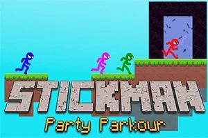 Postacie stickman w różnych kolorach biegną po platformie w stronę ciemnego portalu na tle błękitnego nieba, z dużymi napisami Stickman Party Parkour na dole
