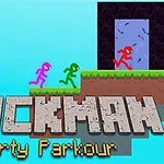 Postacie stickman w różnych kolorach biegną po platformie w stronę ciemnego portalu na tle błękitnego nieba, z dużymi napisami Stickman Party Parkour na dole