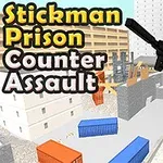 Niebieski ludzik z karabinem na tle miejskiego krajobrazu z kontenerami i budynkami, obok tekstu Stickman Prison Counter Assault