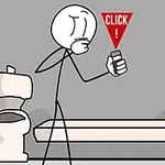 Postać w stylu kreskówki stojąca obok toalety z telefonem i ikoną CLICK!