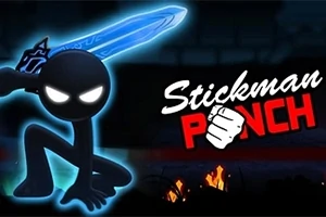 Czarna postać stickmana z jasnym mieczem i żarzącymi się oczami na ciemnym tle z napisem Stickman Punch