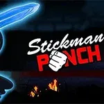 Czarna postać stickmana z jasnym mieczem i żarzącymi się oczami na ciemnym tle z napisem Stickman Punch