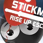 Czarna postać z okrągłą głową i dużymi oczami, trzymająca czerwony balon na tle nieba, z białym napisem i mieczem